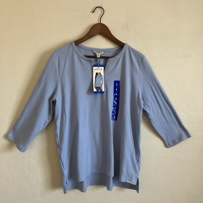 Orvis Top Pima Cotton Large Womens L Blue Tunic Ladies Shirt V-Neck 3/4 Sleeve