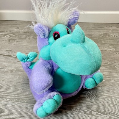 Vintage Dan Dee Dragon Dinosaur Plush Purple Teal Sitting Stuffed Animal - FLAWS