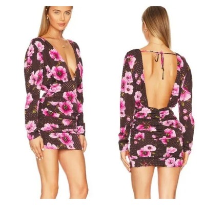 Lovers and Friends Brown Pink Floral Long Sleeve Ruched Open Back Mini Dress XS
