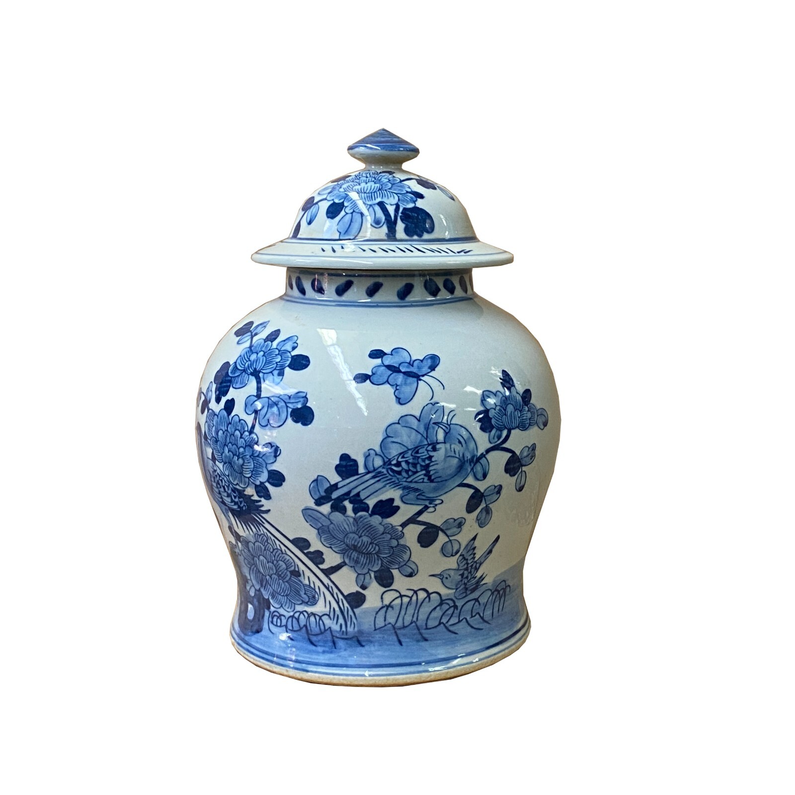 Chinese Blue White Porcelain Flower Birds Graphic Temple Jar ws1393S Chinese Blue White Porcelain Flower Birds Graphic Temple Jar ws1393S