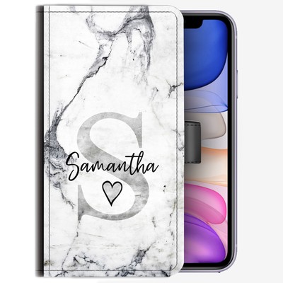 Personalised Initial Phone Case;Grey Marble PU Leather Cover;Name With Heart