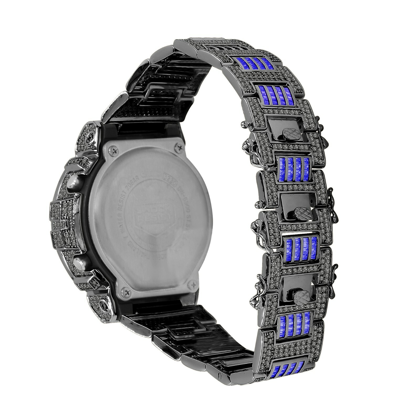 Pre-owned Icy Authentic Blue Sapphire Baguettes On Black Gold Casio G-shock Dw-6900 Watch