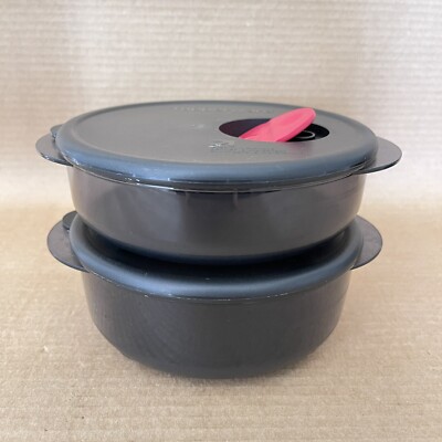 Tupperware Rock N Serve Microwave Small Bowls Set of 2 Round Containers Black