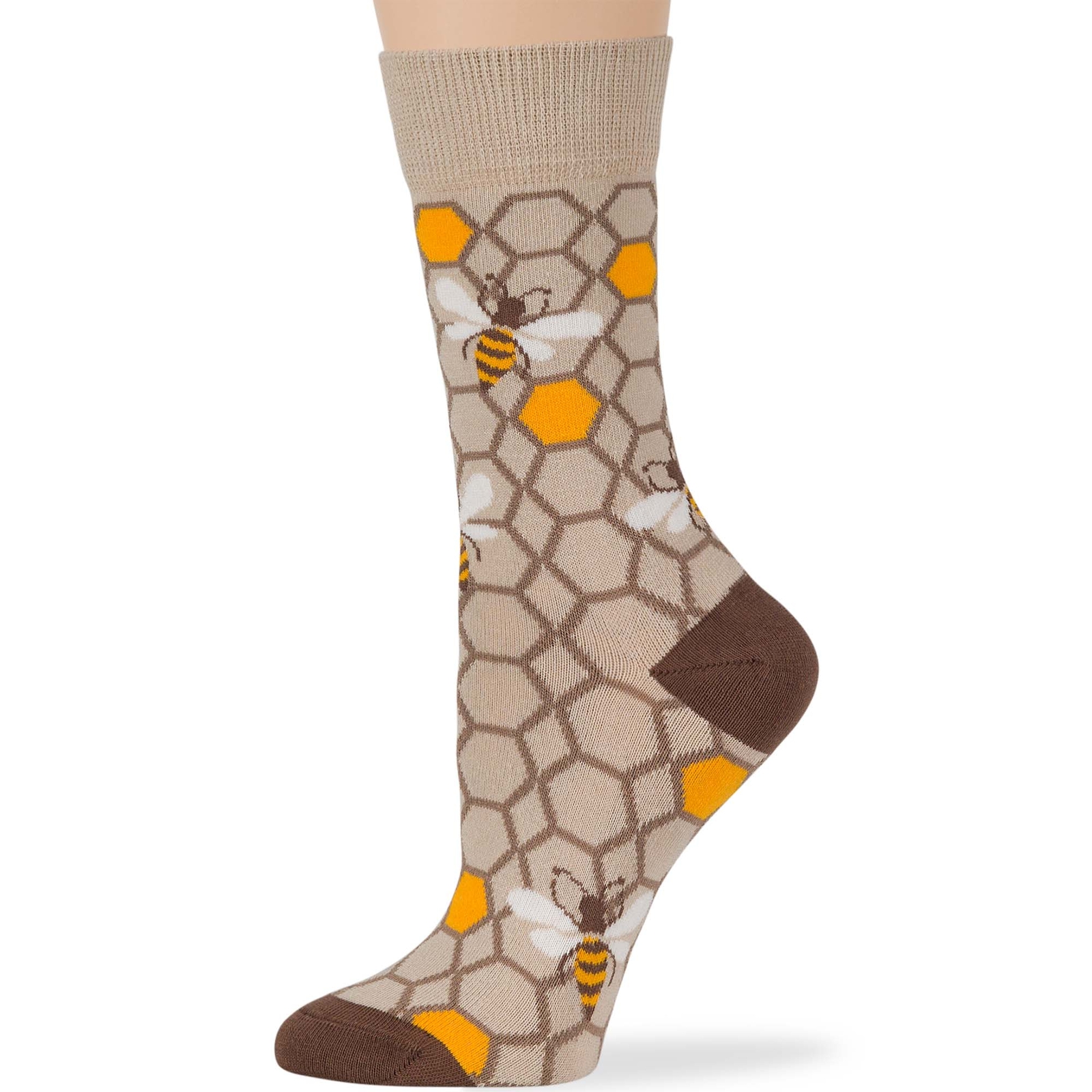 Women Cotton Crew Socks-4 Pack Medium- Busy Bees Stripe-Black Beige Yellow - Picture 5 of 12