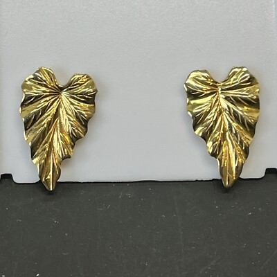 Vintage Shiny Gold Tone Metal Leaf Shape Clip On Earrings Signed KIM MCM 1'' H