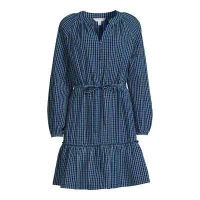 Time and Tru Micro Plaid Dress Women's XS  ( 0-2 ) 100% Cotton Long Sleeve