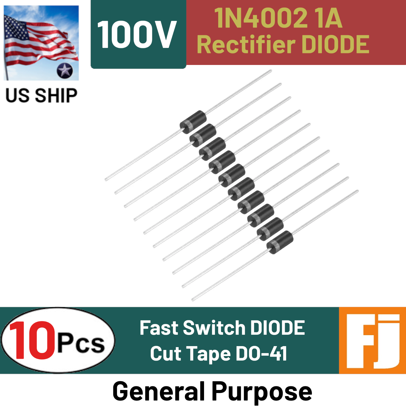 1N4002 Diode (10 Pcs) 1A 100V Rectifier Diode DO-41 Fast