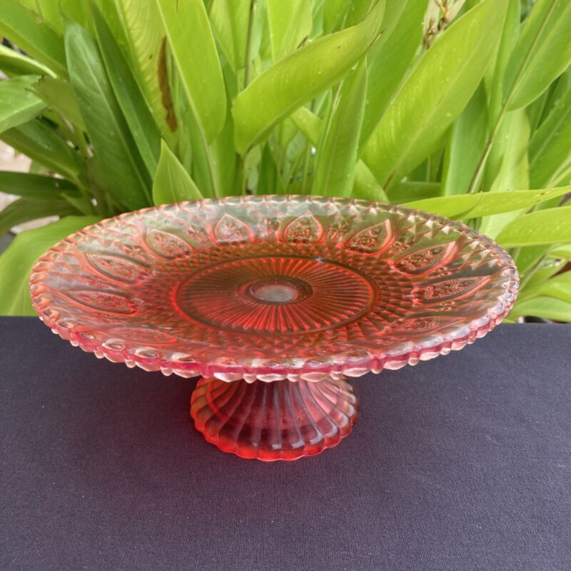 Anthropologie Dark Pink Color Glass Small Cake Tidbit Stand 8” * Xlnt!