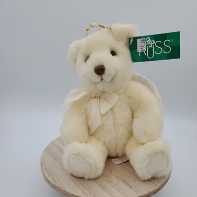 Retired Russ Bear Angel Ornament Sit Victorian  ATHENA Feathers Tag NOS SALE
