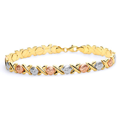 Pre-owned Wellingsale 14k Tri Color Gold Diamond Cut Xoxo Bracelet - 7.25"