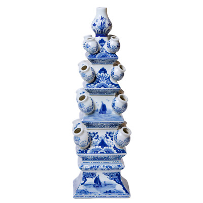 Large 23.5'' Blue & White 4 Tier Delft Style Tulipiere Vase