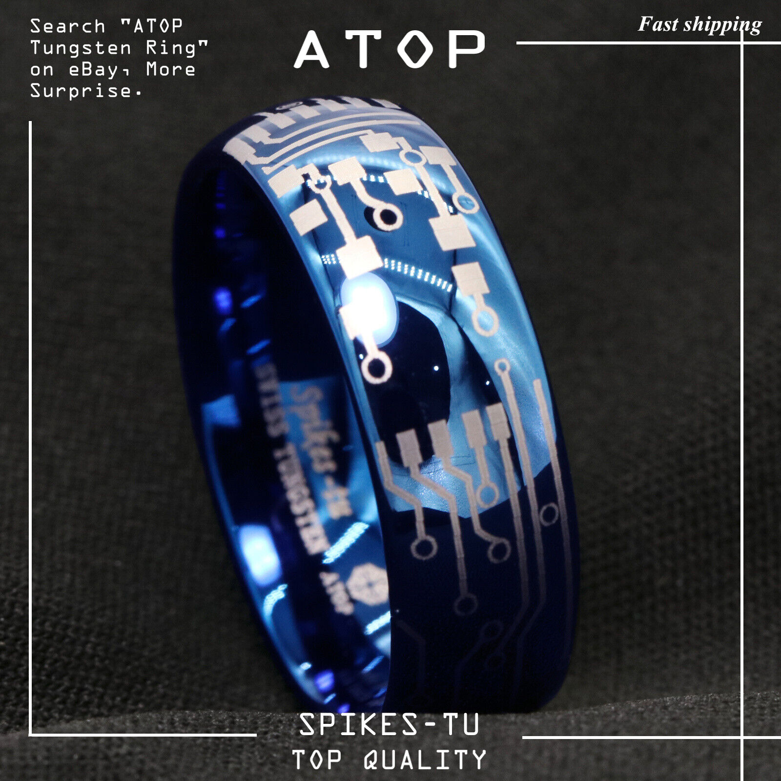 8mm Shiny Blue Dome Tungsten Carbide Ring Laser Circuit Board ATOP Men's Jewelry