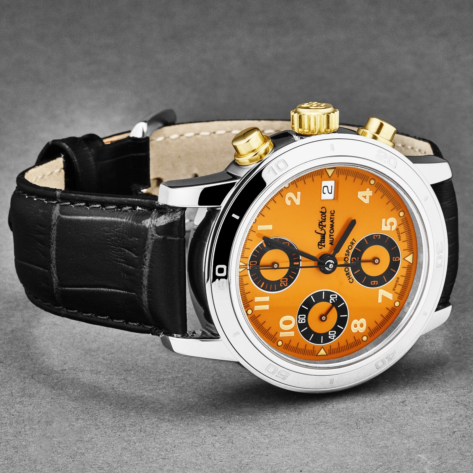 Pre-owned Paul Picot Men's 'chronosport' Chronograph Orange Dial Automatic P7033.20a.935