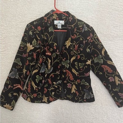 Vintage Erin London Women's Black Multicolor tapestry Floral Blazer jacket SMALL