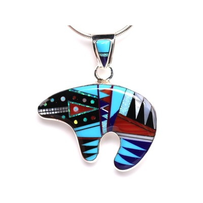Sterling Silver Bear Inlay Pendant - Southwestern Fire Opal Necklace