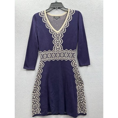 Nine West Sweater Dress XS Purple V Neck Knit Long Sleeve Jacquard Damask Sheath