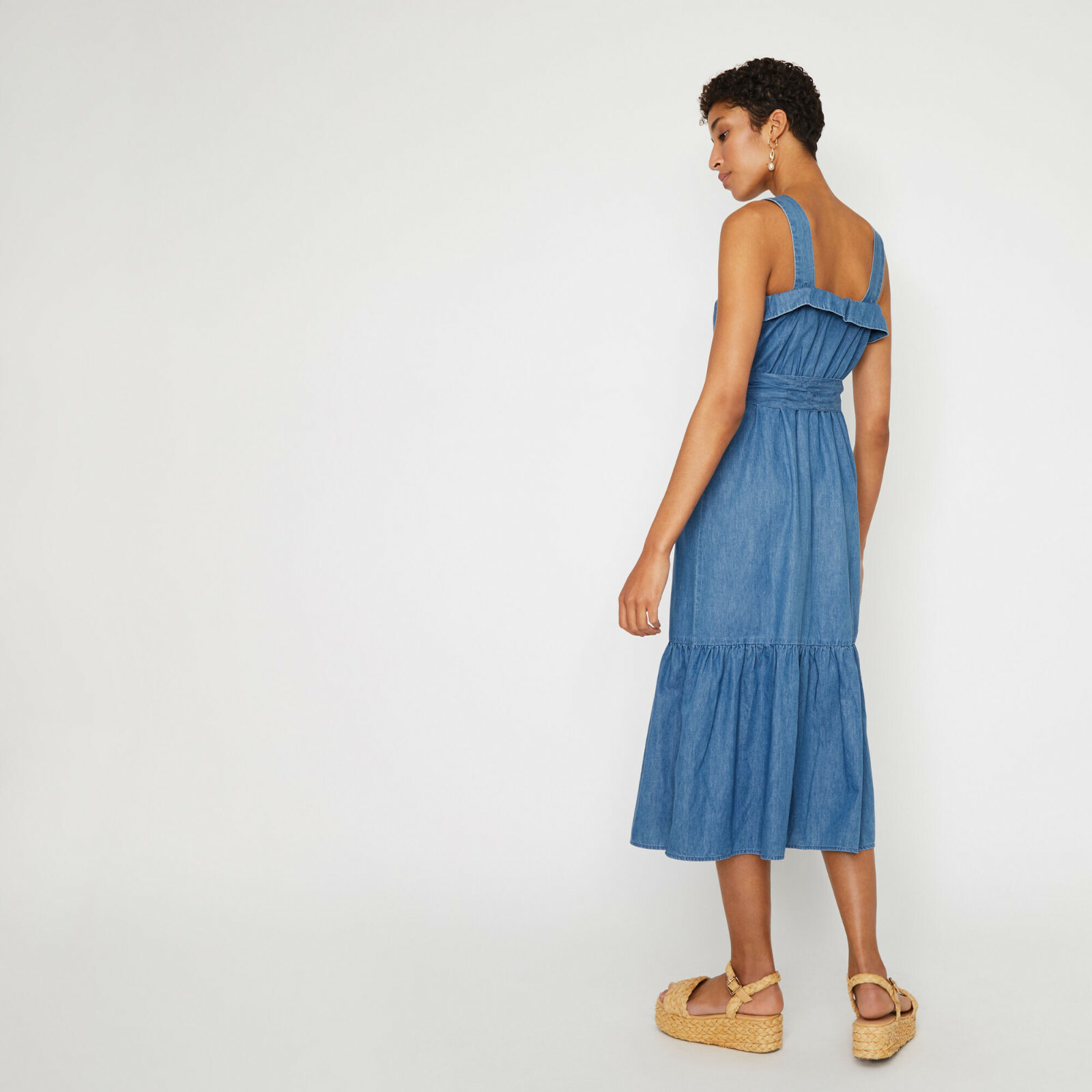 Warehouse NEW Womens Tiered Hem Midi Denim Cotton Dress in Blue Sizes 6 to  18 | eBay
