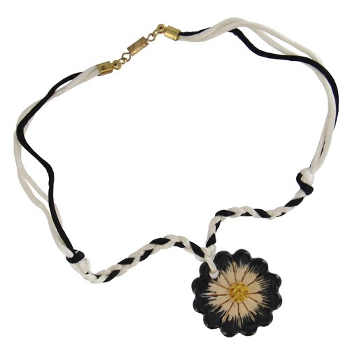 Black Collar Choker Ceramic Flower Necklace Pendant 15"