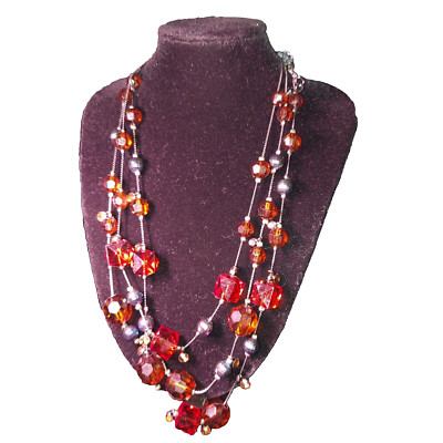 VTG Layered Gunmetal necklace w/ Brown, Peacock Beads, Amber rhinestones 17 in