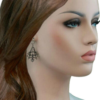 Antiqued Silver Tone Filigree Steampunk Floral Dangle Earrings 1 3/4'' Vintage