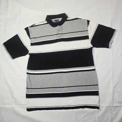 Dream USA Men's Polo Shirt Large Black Grey White Striped Short Sleeve Pique B62