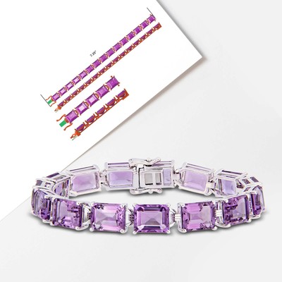 Pre-owned Amour 45 Ct Tgw Emerald-cut Amethyst Tennis Bracelet In Sterling Silver In Purple