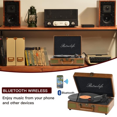 Retrolife Record Player 3 Speed Bluetooth Portable Suitcase Vinyl Player Built