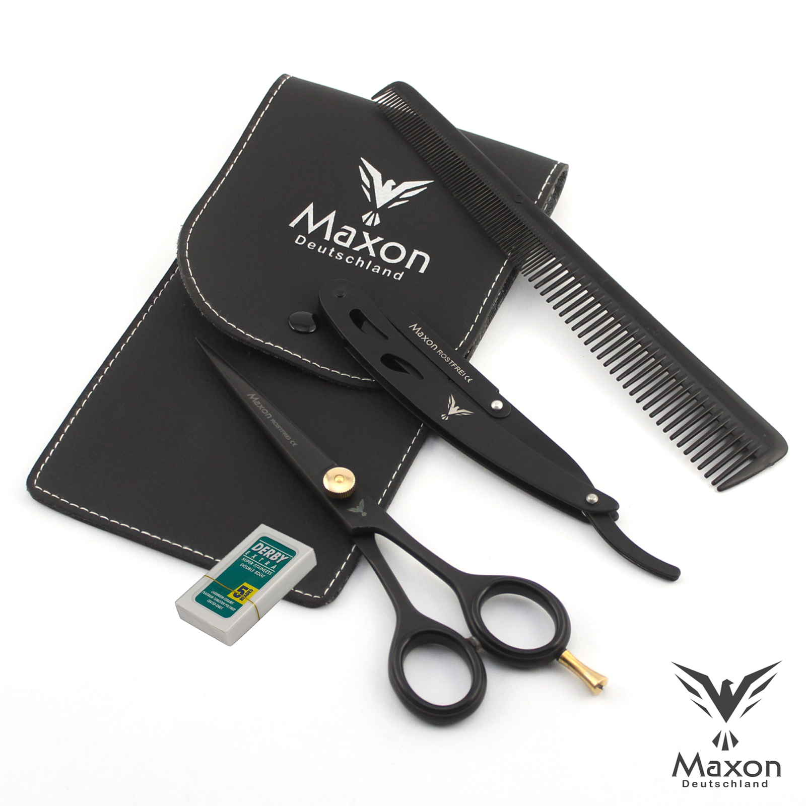 MAXON 4er Profi Schere, kamm & Rasiermesser Set Haarschere Bartschere Razor