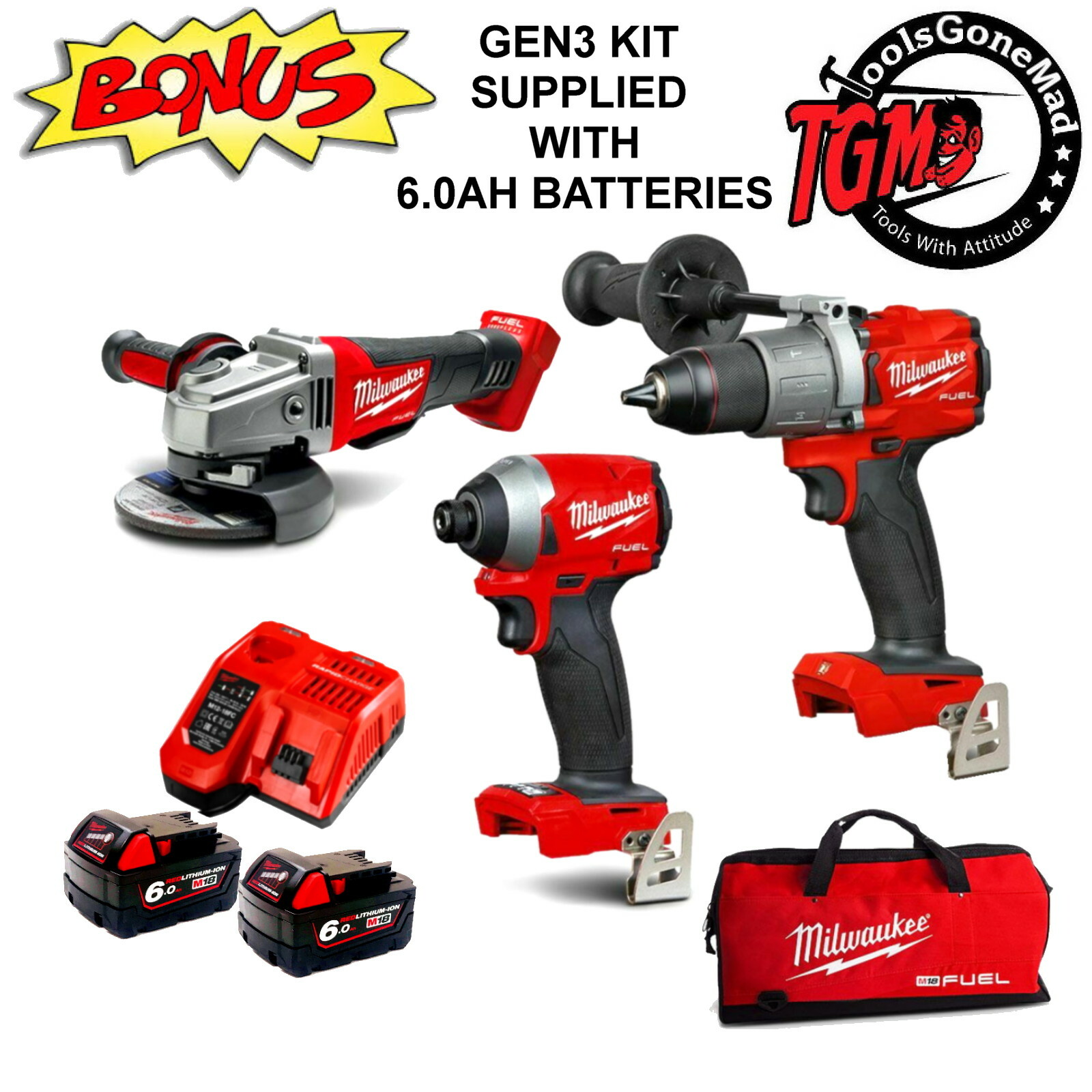 Milwaukee 18V GEN3 3Pce Fuel Brushless Combo Kit 6.0Ah Drill Impact