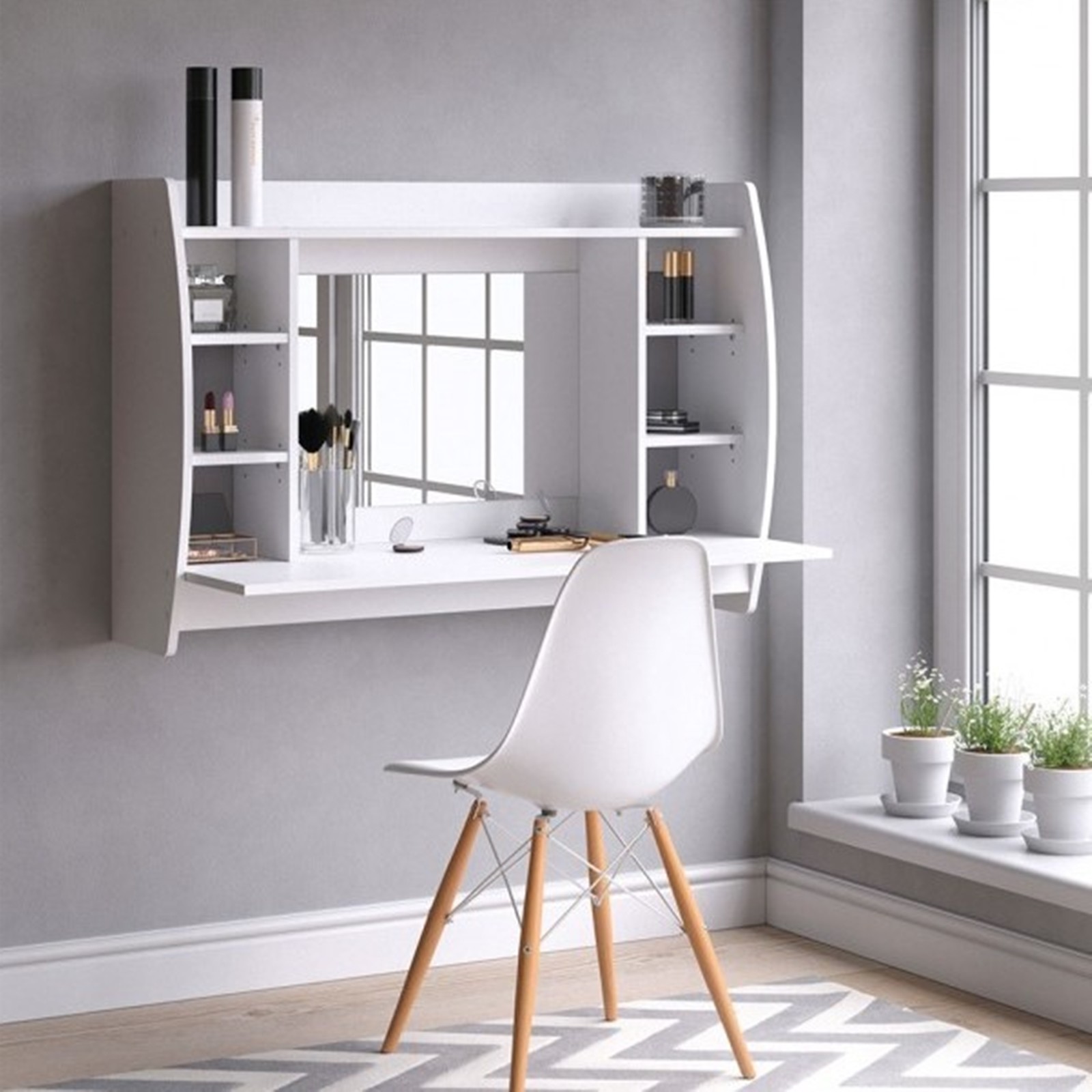 Floating Dressing Table White Vanity Unit Wall Mounted Makeup Storage Shelves