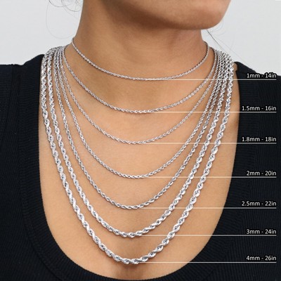 14K White Gold 1.5mm-5mm Diamond Cut Rope Chain Necklace Mens Womens 14"-30"