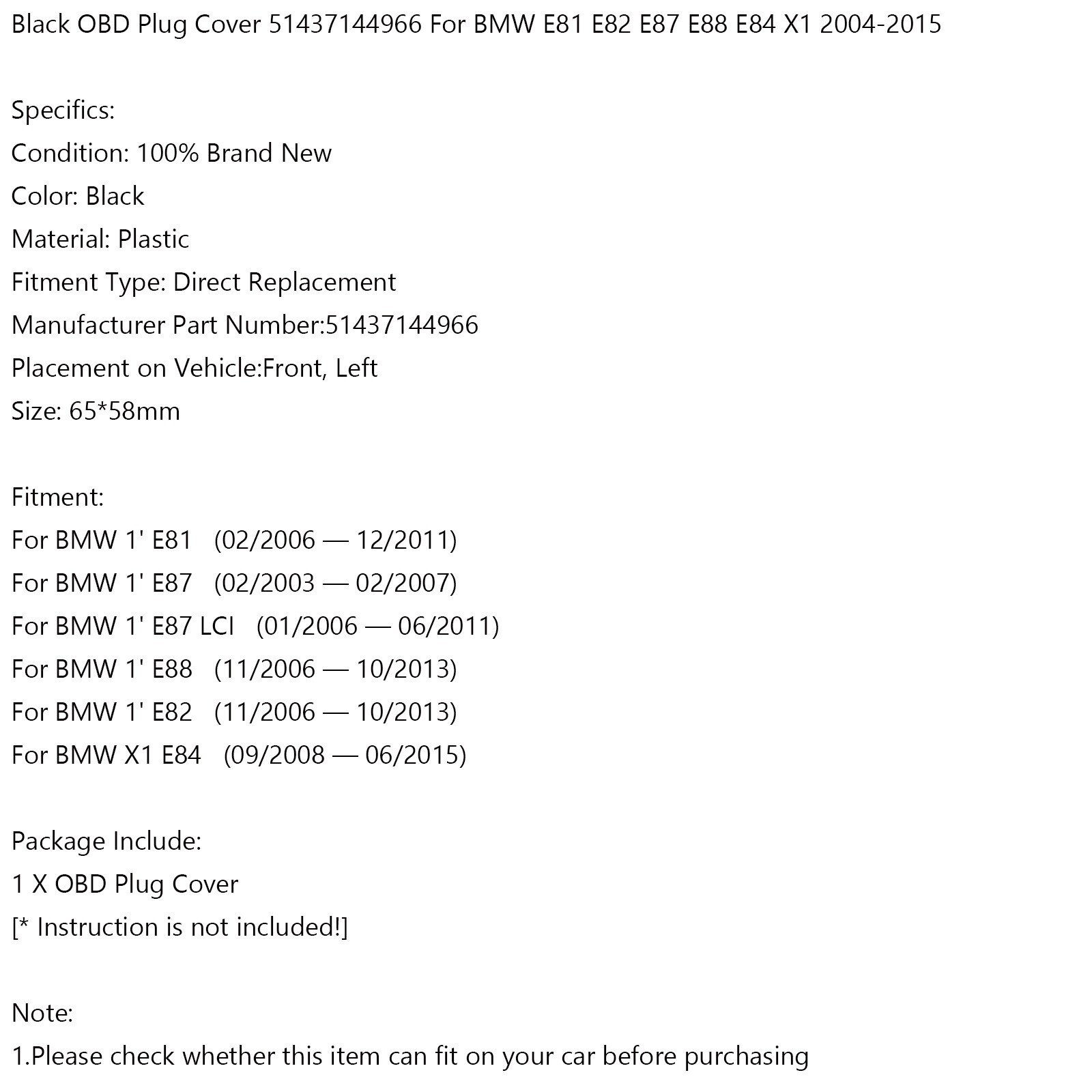 OBD Diagnostic Plug Cover, Replacement for 1 Series E81 E82 E87 E88, Protect OBD Well, Simple