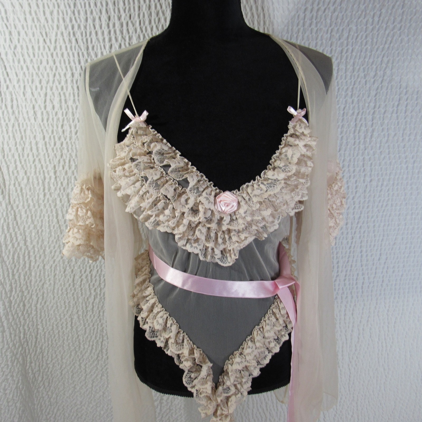 Ruffle Lace Teddy Lingerie Set Bodysuit and Wrap Blush Pink 3pc Chorus Line