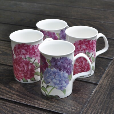 Set/4 Hydrangea Mugs Beakers Roy Kirkham 2012 Fine Bone China 10oz 4 1/8'' Tall