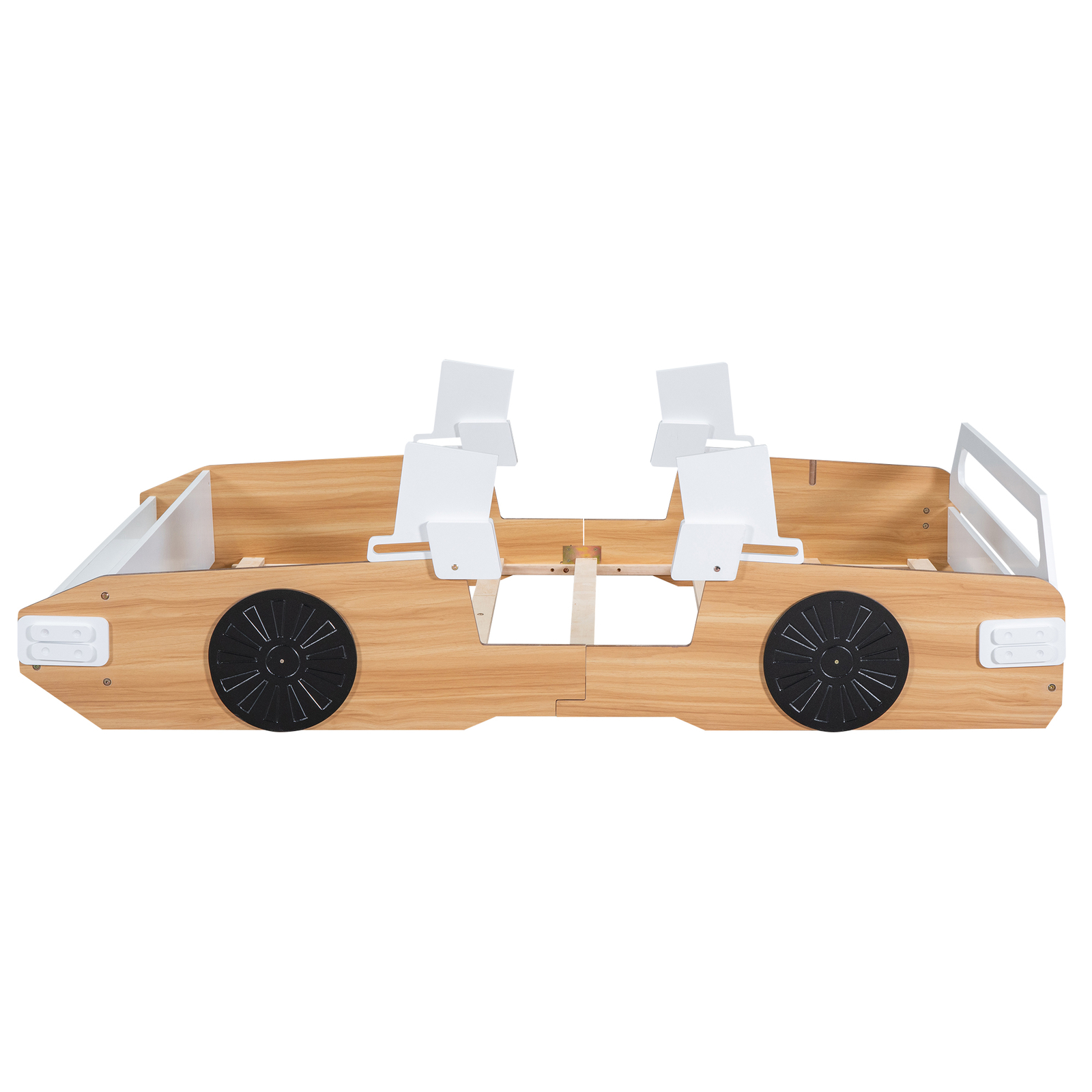 Wood Full Size Racing Car Bed Frame W/ Door Design + Shelf Storage Natural+White
