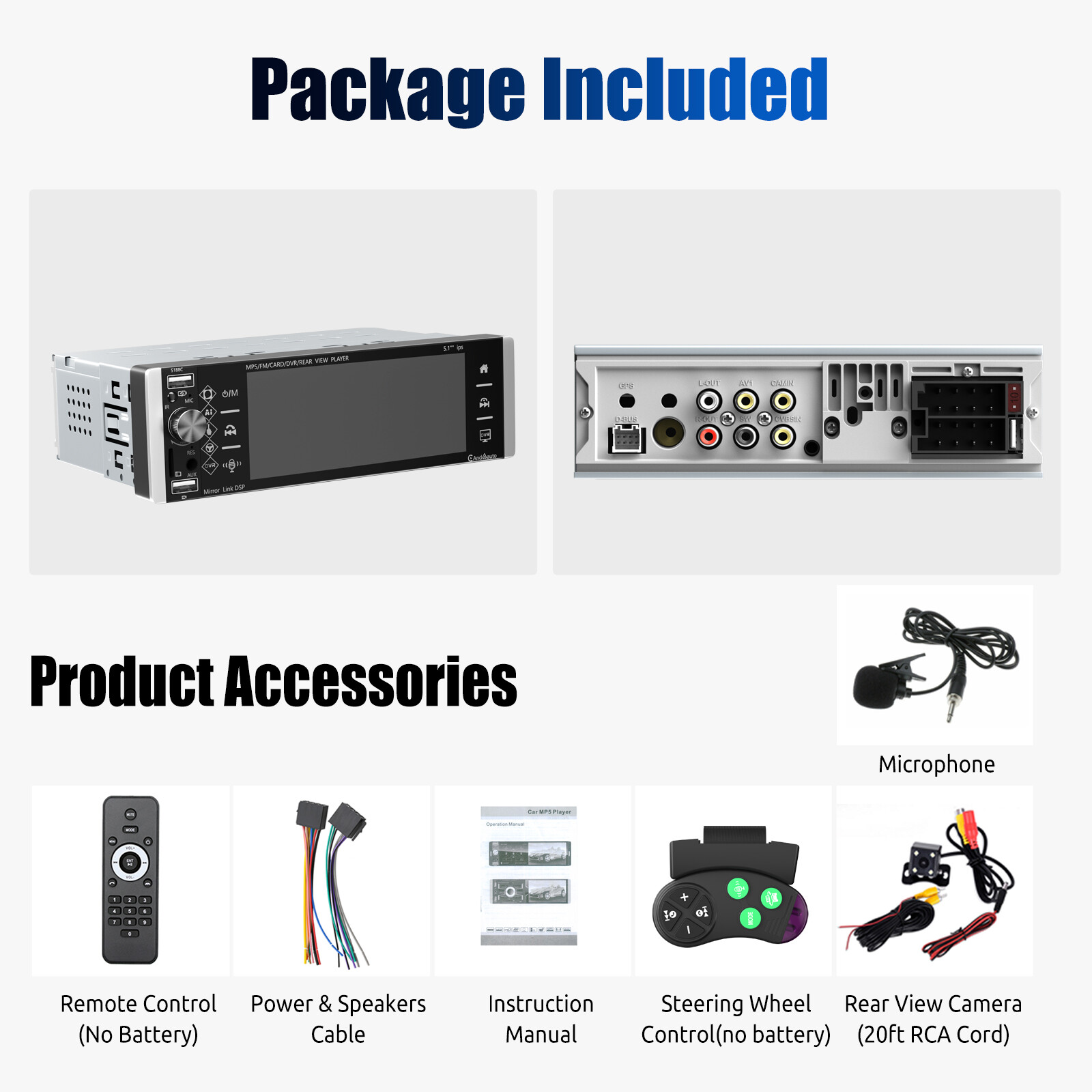 Single DIN Bluetooth Car Stereo Radio Wireless CarPlay Android Auto AUX Cam&MIC