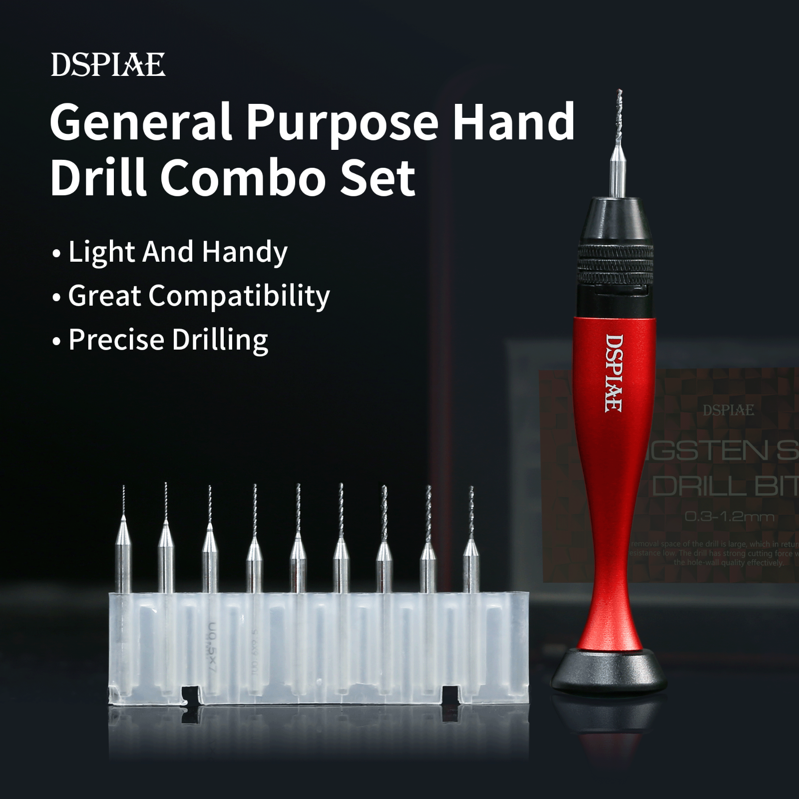 DSPIAE Aluminum Chuck Hand Drill Set with 10 Tungsten Drill Bits AT-VHDS - US