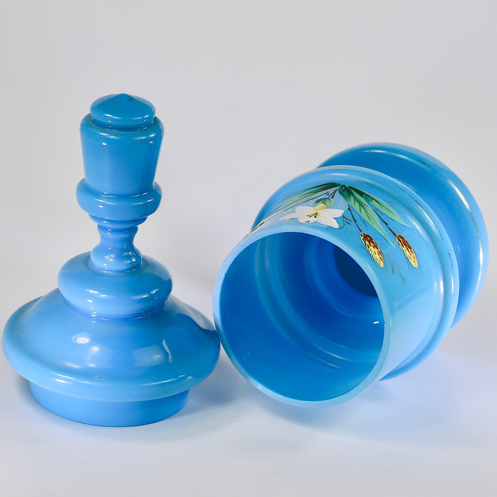 Antique blue opaline hand blown glass vanity Box or lidded Jar enamel flower