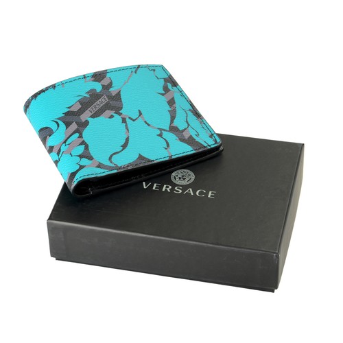 Pre-owned Versace Unisex Multi-color 100% Textured Leather Floral Print Bifold Wallet In Multicolor