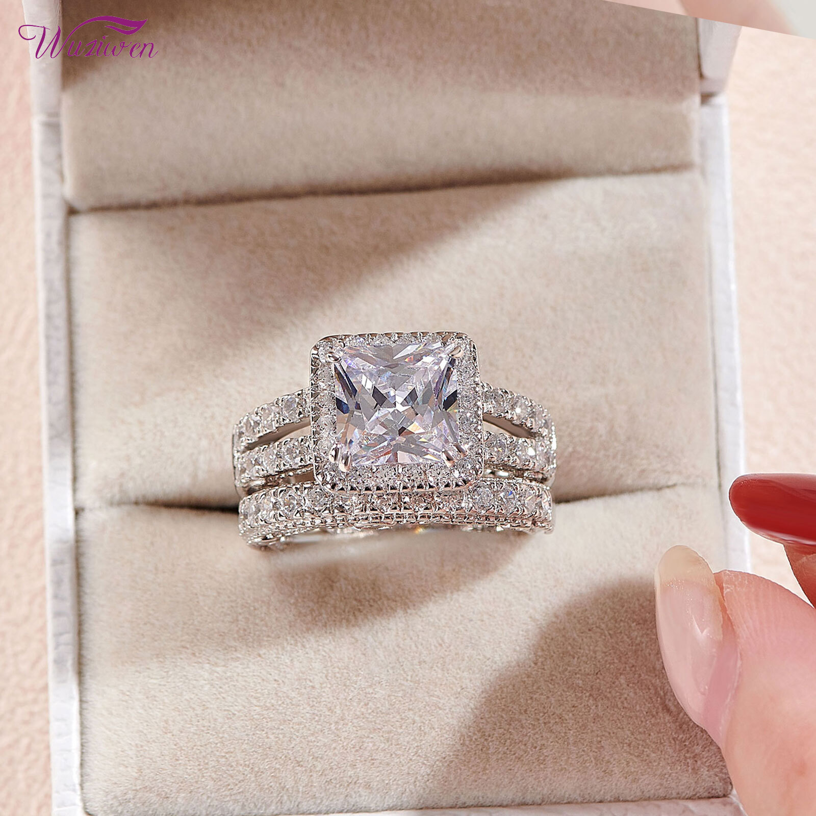 Aazon.co: Wuziwen Three Stone Princess Cut Blue Siulated Sapphire
