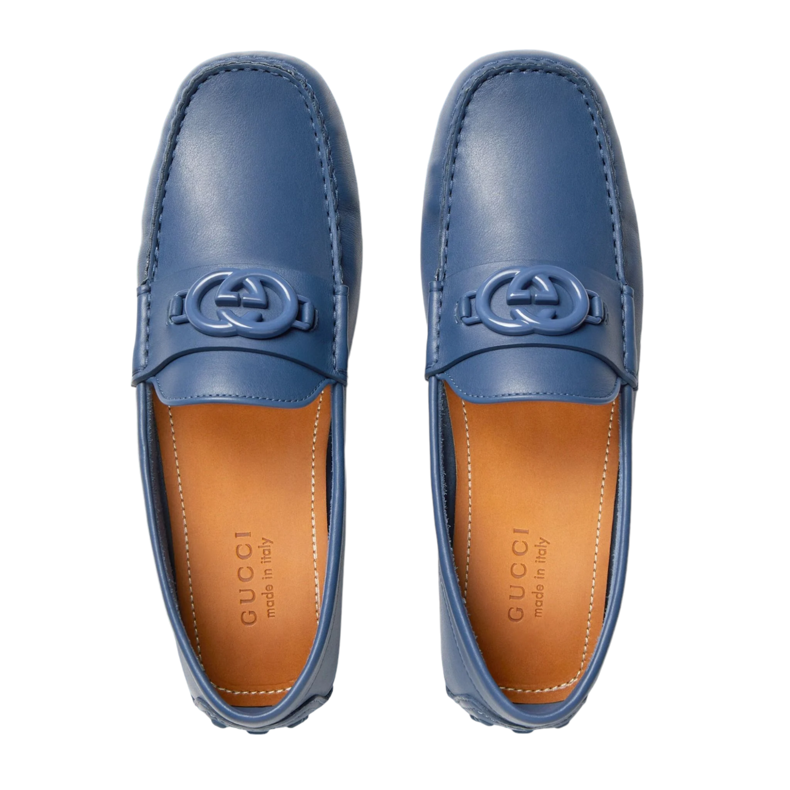 Pre-owned Gucci Authentic Men's  Blue Leather Interlocking Driving Loafer Moccasin