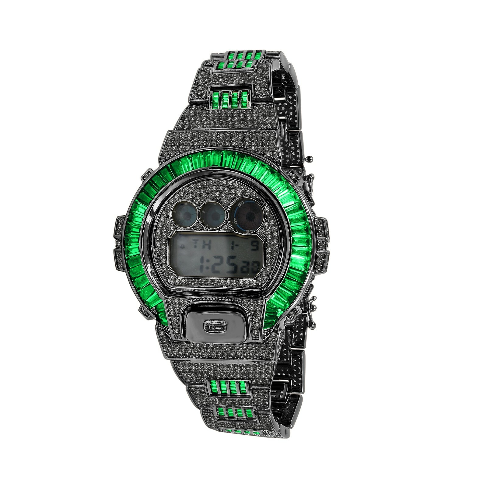 Pre-owned Icy Authentic Green Emerald Baguettes On Black Gold Casio G-shock Dw-6900 Watch