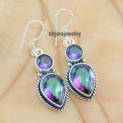 Mystic Topaz Gemstone 925 sterling silver handmade Dangle/Drop Earrings 1.75''