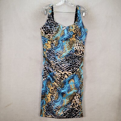 Signature Sangria Womens Dress Size 12 Blue Python Print Ruched Retro Bodycon