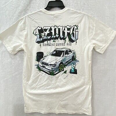 LZMFG T-Shirt Men's Large Legends Never Die Car Graphic Top White Short Sleeve