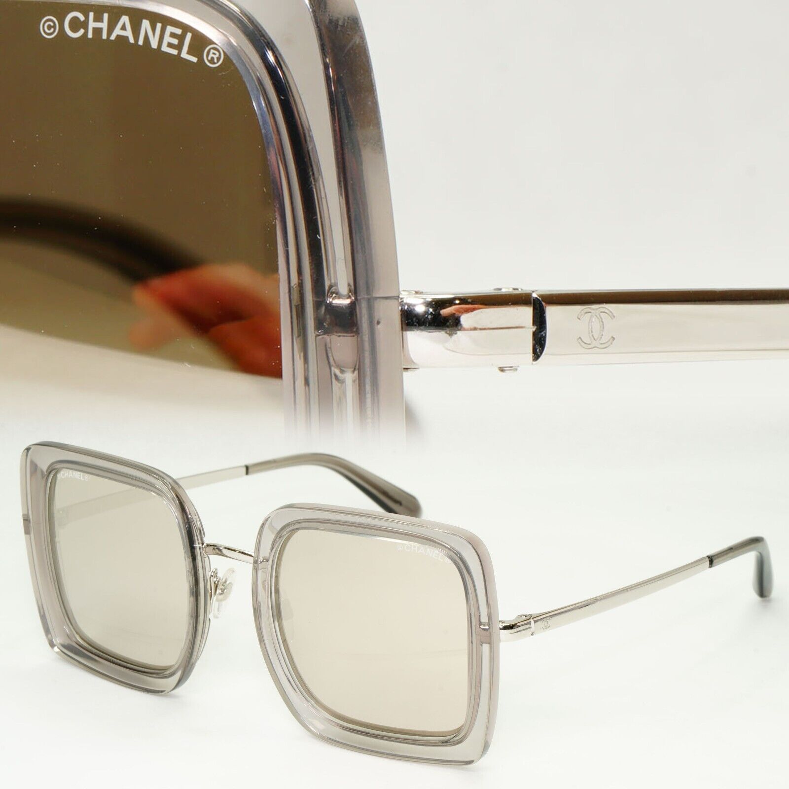 Chanel Sunglasses Silver Mirror Grey Transparent Square 4240 Chanel Sunglasses Silver Mirror Grey Transparent Square 4240