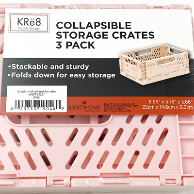 Foldable Stackable Desktop Organizer Storage Crate Boxes Collapsible 3 Pack Pink