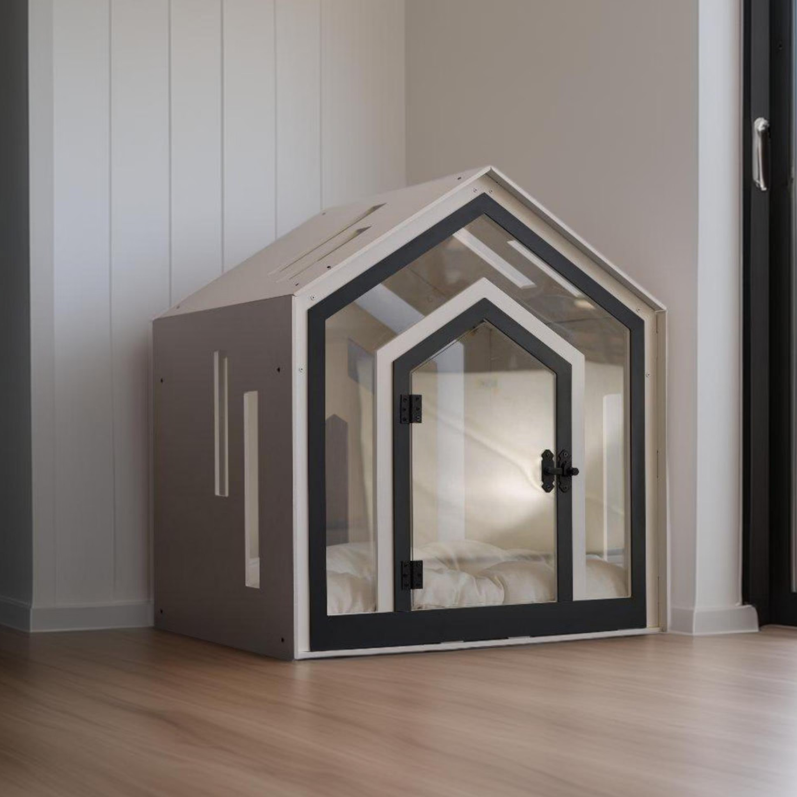 Hundehuette Calmo Weiss aus Holz mit Kissen und wasserfestem Boden fuer kleine u