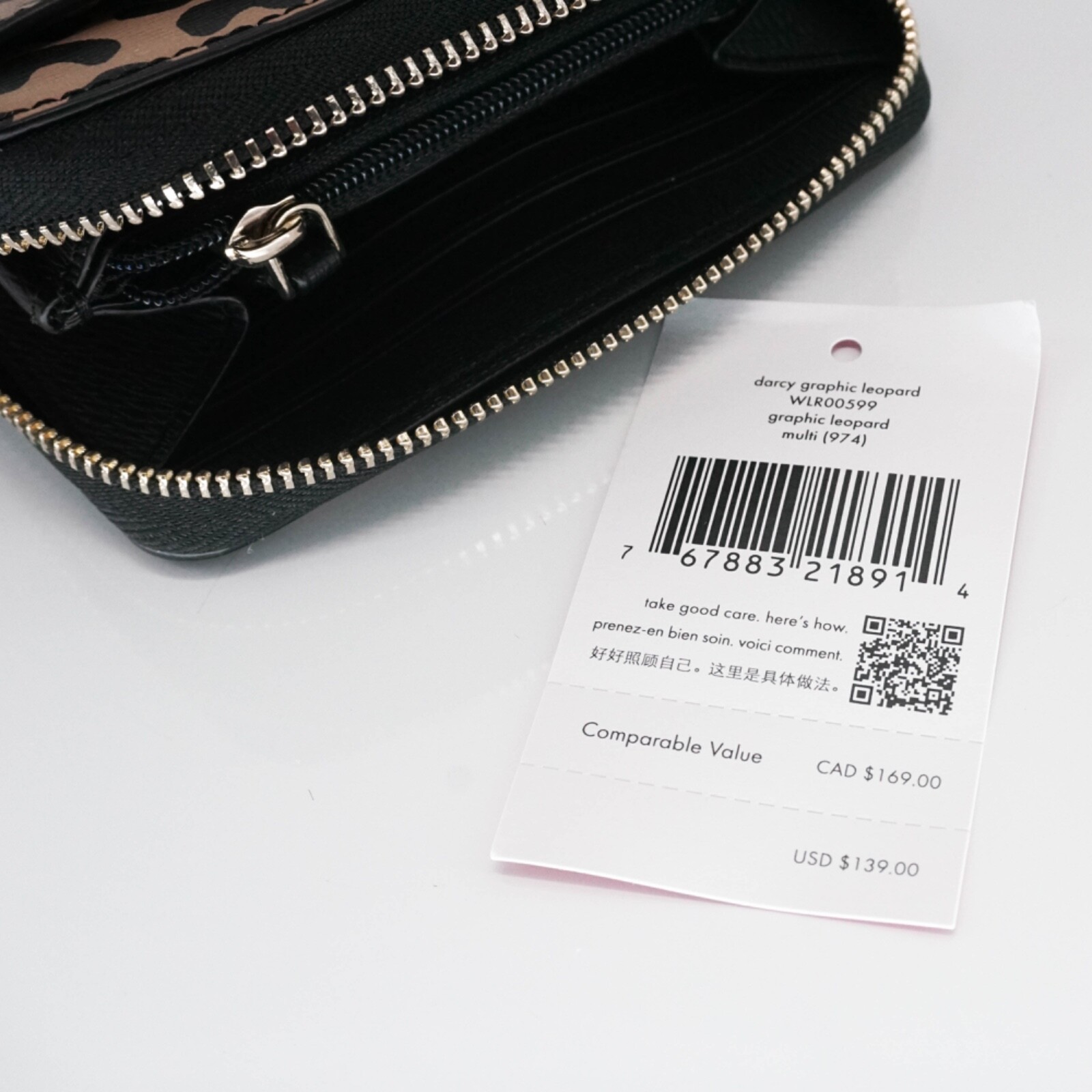 Kate Spade Darcy Small Zip Around Wallet PVC WLR00599 Leopard Black Brown $139