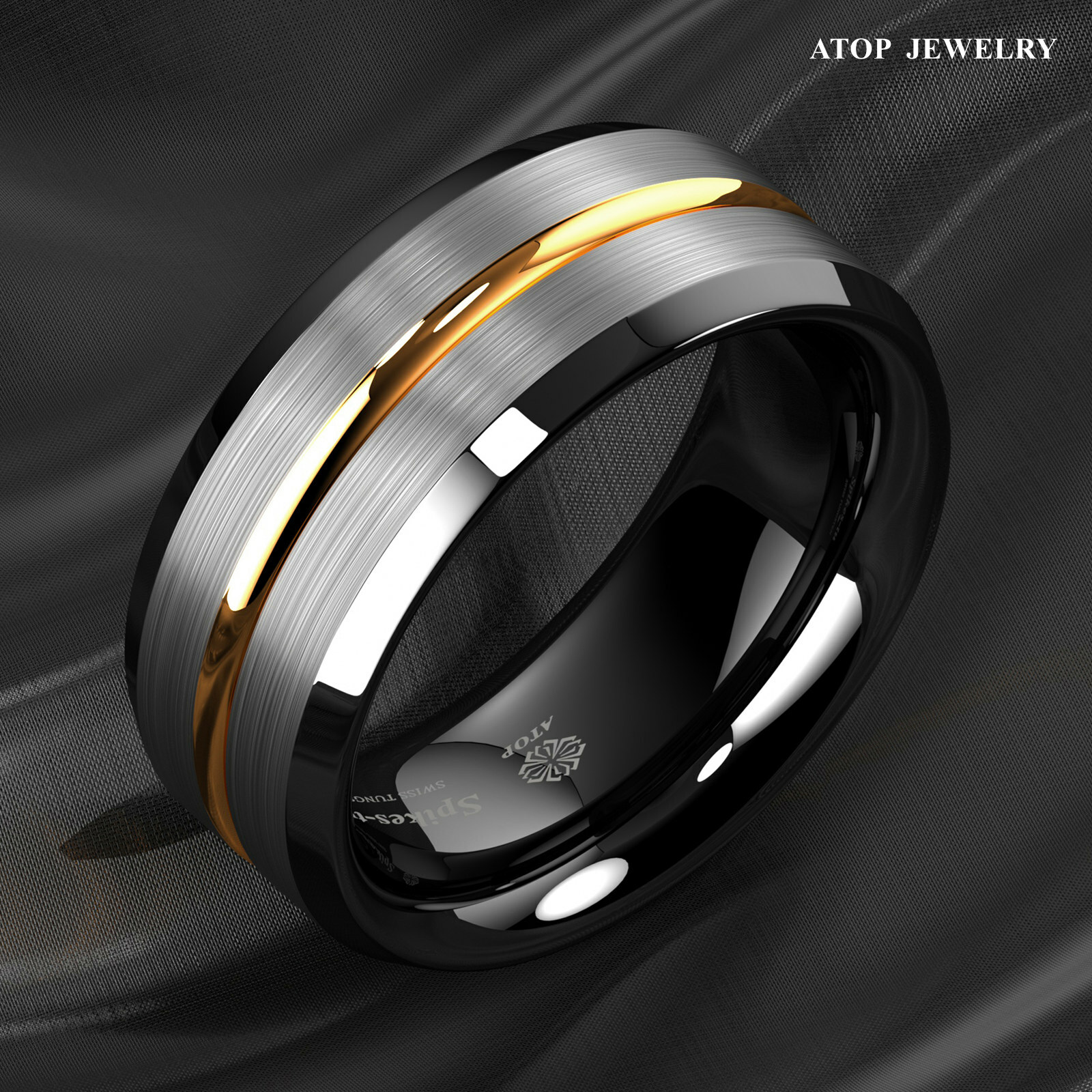 8/6Mm Silver Brushed Black edge Tungsten Ring Plated Metal ATOP Men wedding band